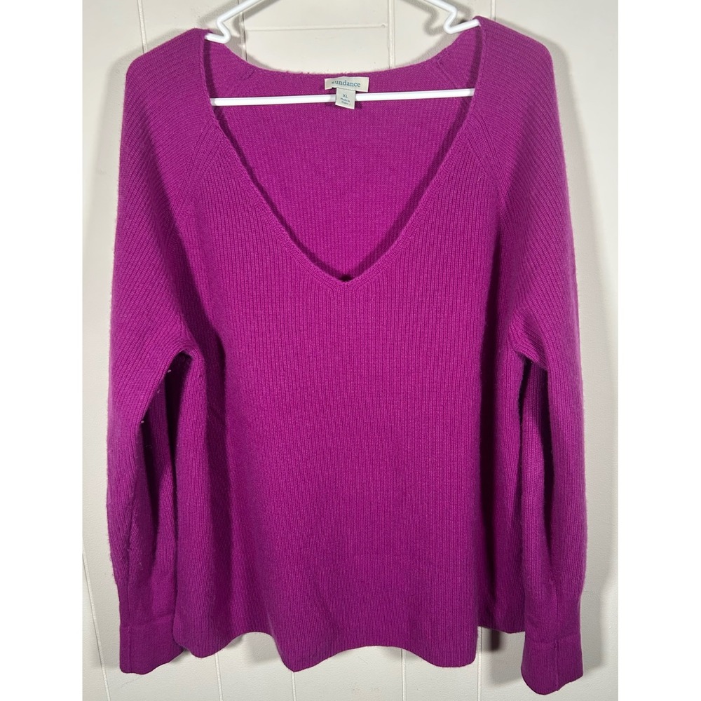 Sundance 100% Cashmere Ribbed V-Neck Sweater Magenta Purple XL RN106205
